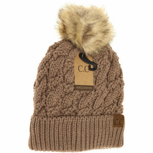 Ribbed Cable Knit Fur Pom Beanie YJ2021: Lt. Grey