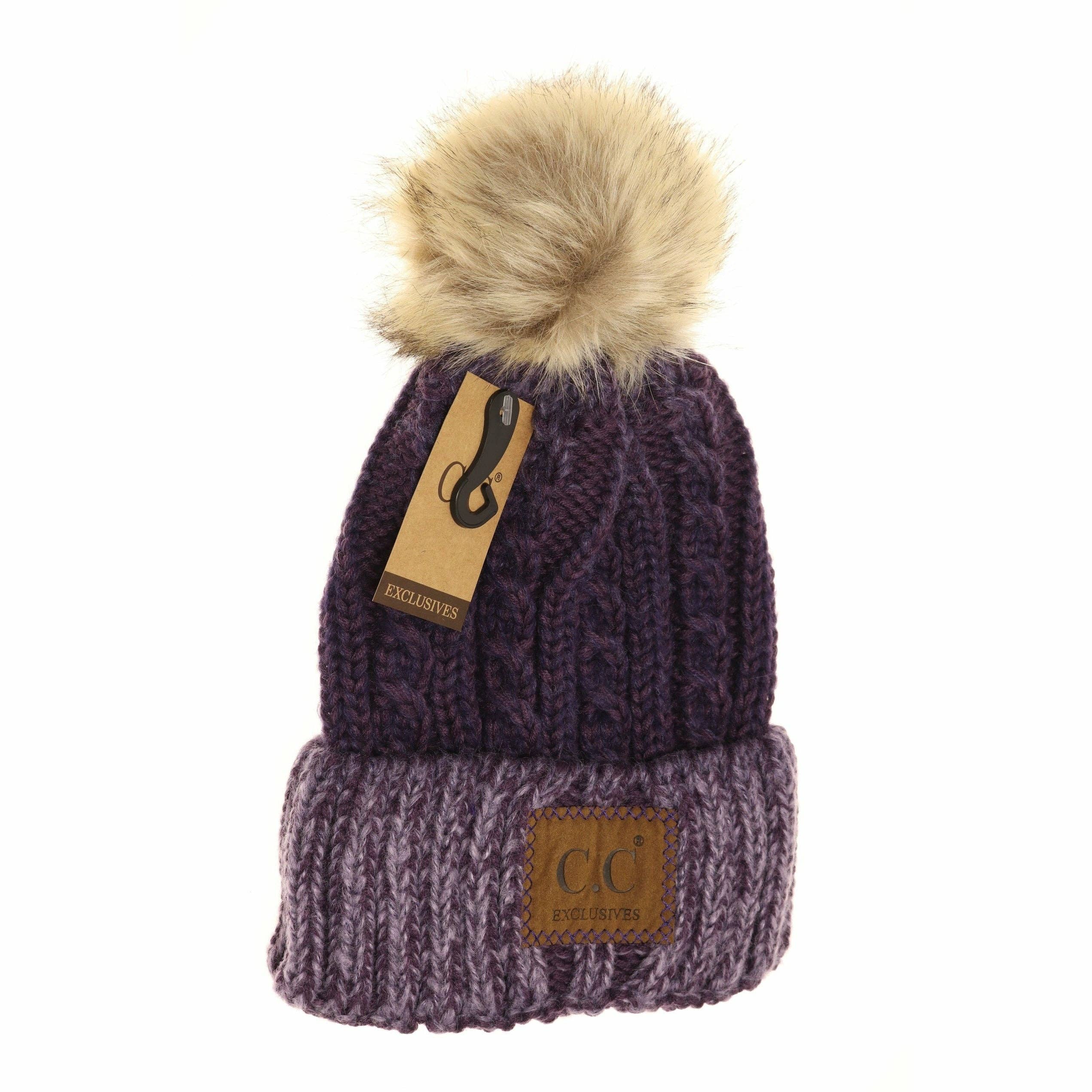 Two-Tone Ombre Vintage Faux Fur Pom Beanie YJ2032: Black