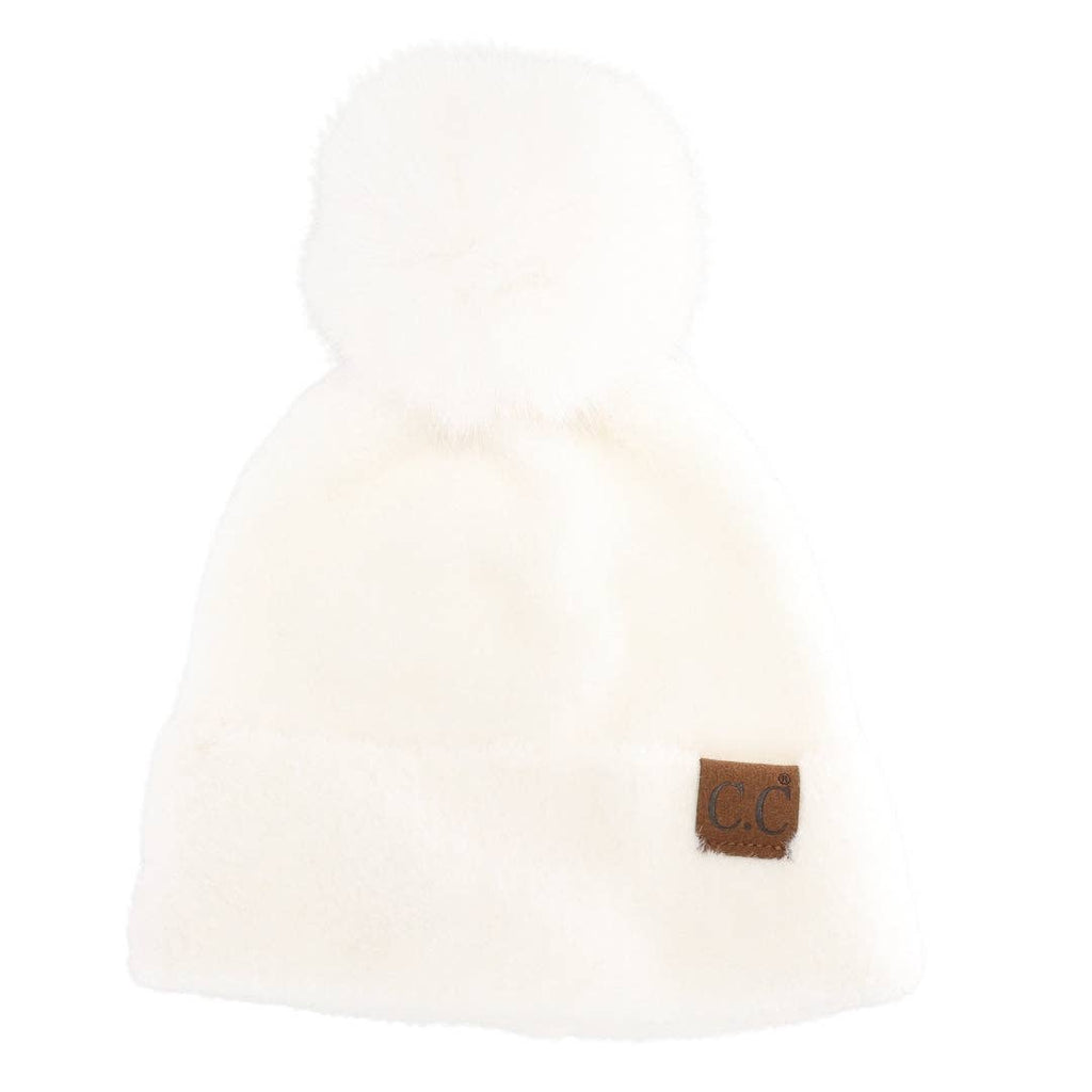 Plush Chenille Pom C.C Beanie HTC0038: Ivory