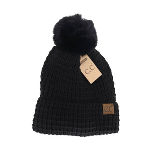 Waffle Knit Faux Fur Pom C.C Beanie HTE0032: Black