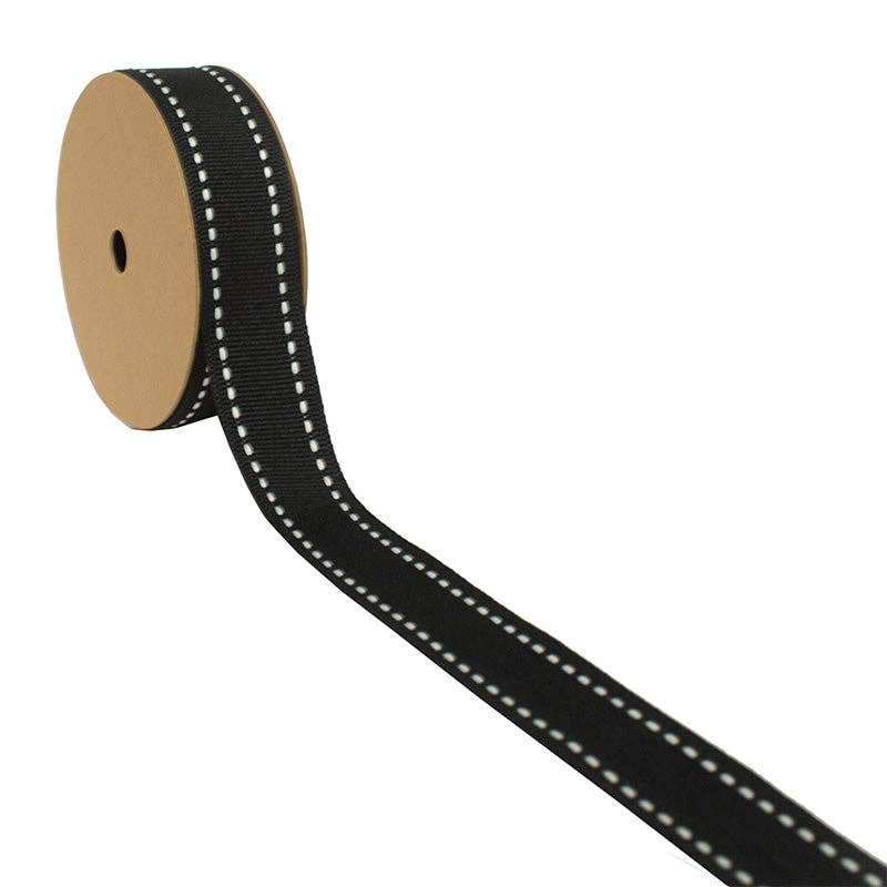 Saddle Stitch Grosgrain Ribbon - 25 Yard Spool: Black/White / 7/8"