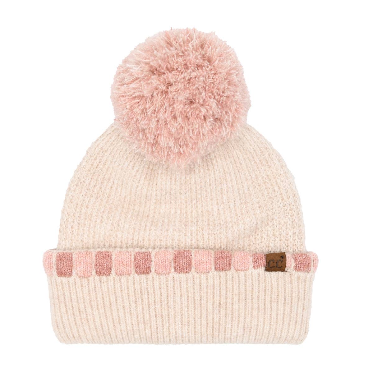 Neutral Horizontal Stripe Cuffed C.C Pom Beanie HTE0121: Black