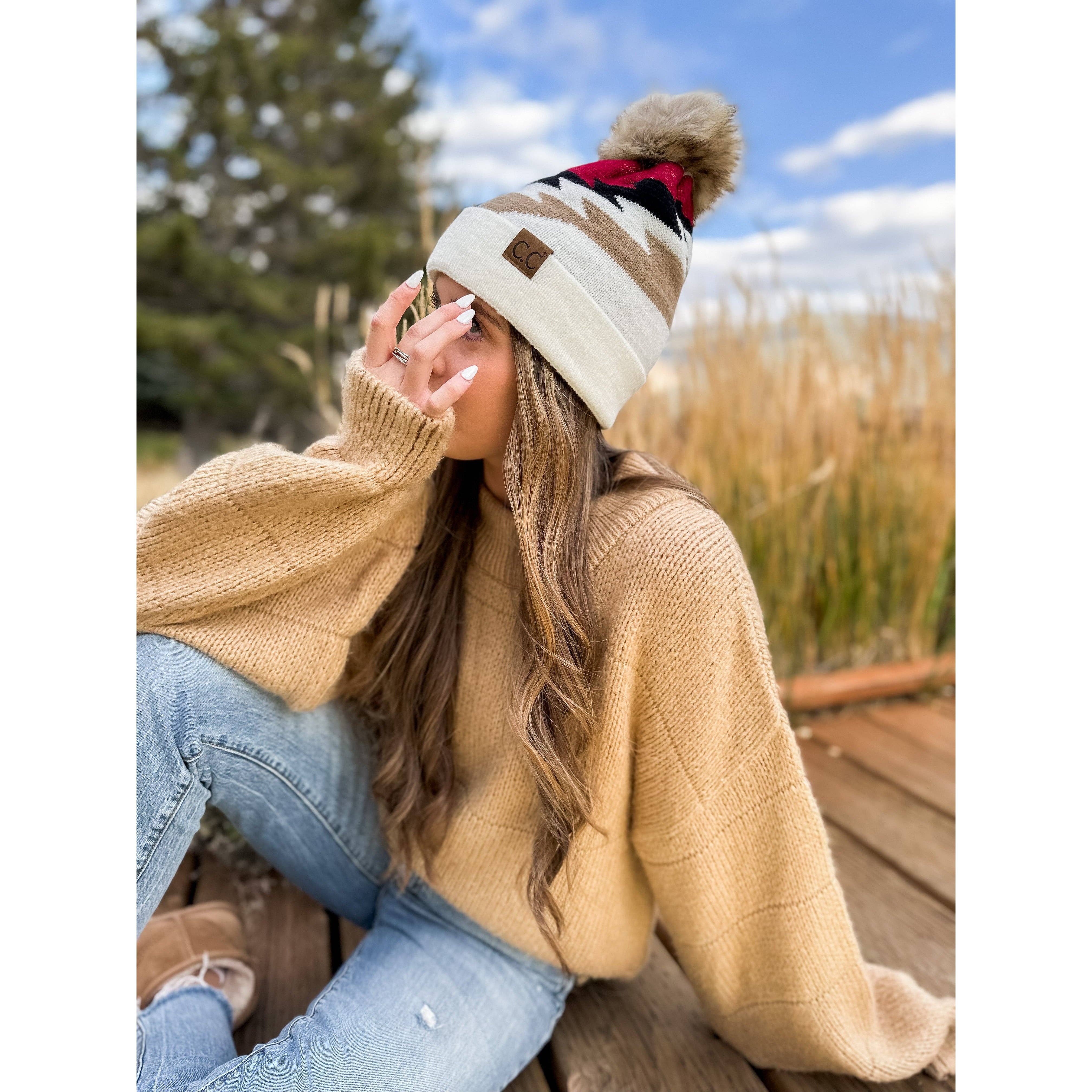 Aztec Natural Faux Fur Pom C.C Beanie YJ1000: Ivory