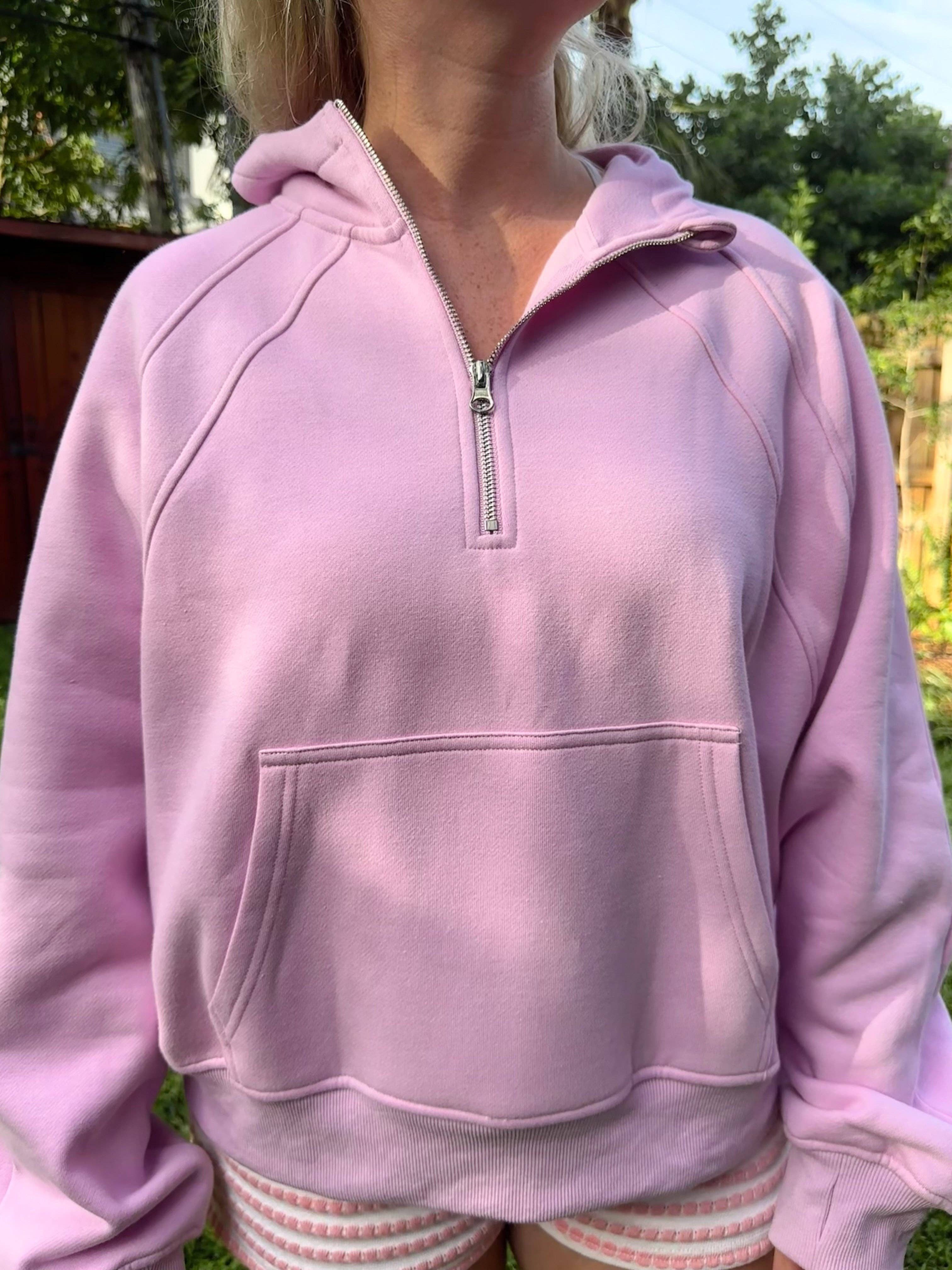 Pink Lavender  Pilates Detailed Waist Length Quarter Zip Hoodie:  Pink Lavender