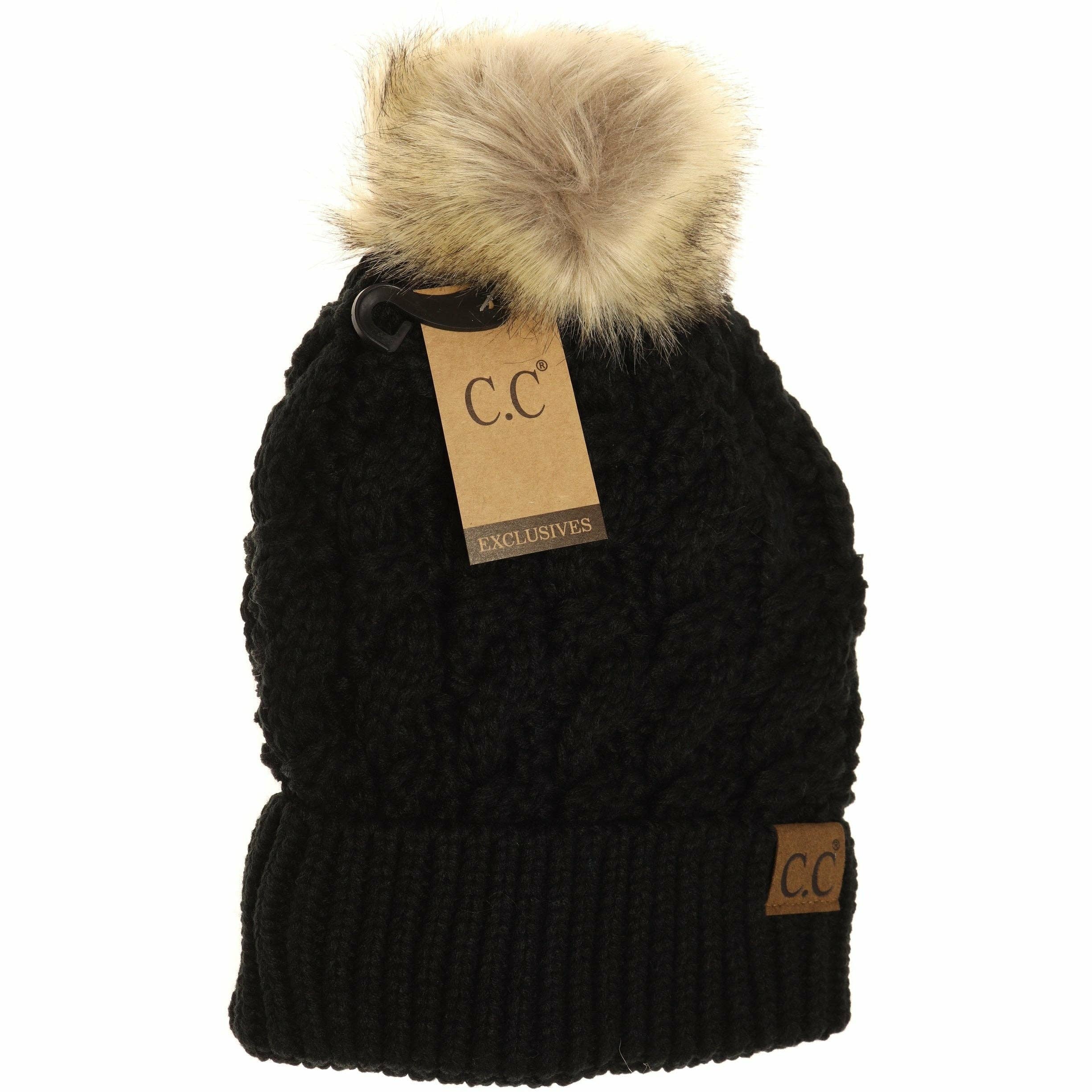 Ribbed Cable Knit Fur Pom Beanie YJ2021: Lt. Grey