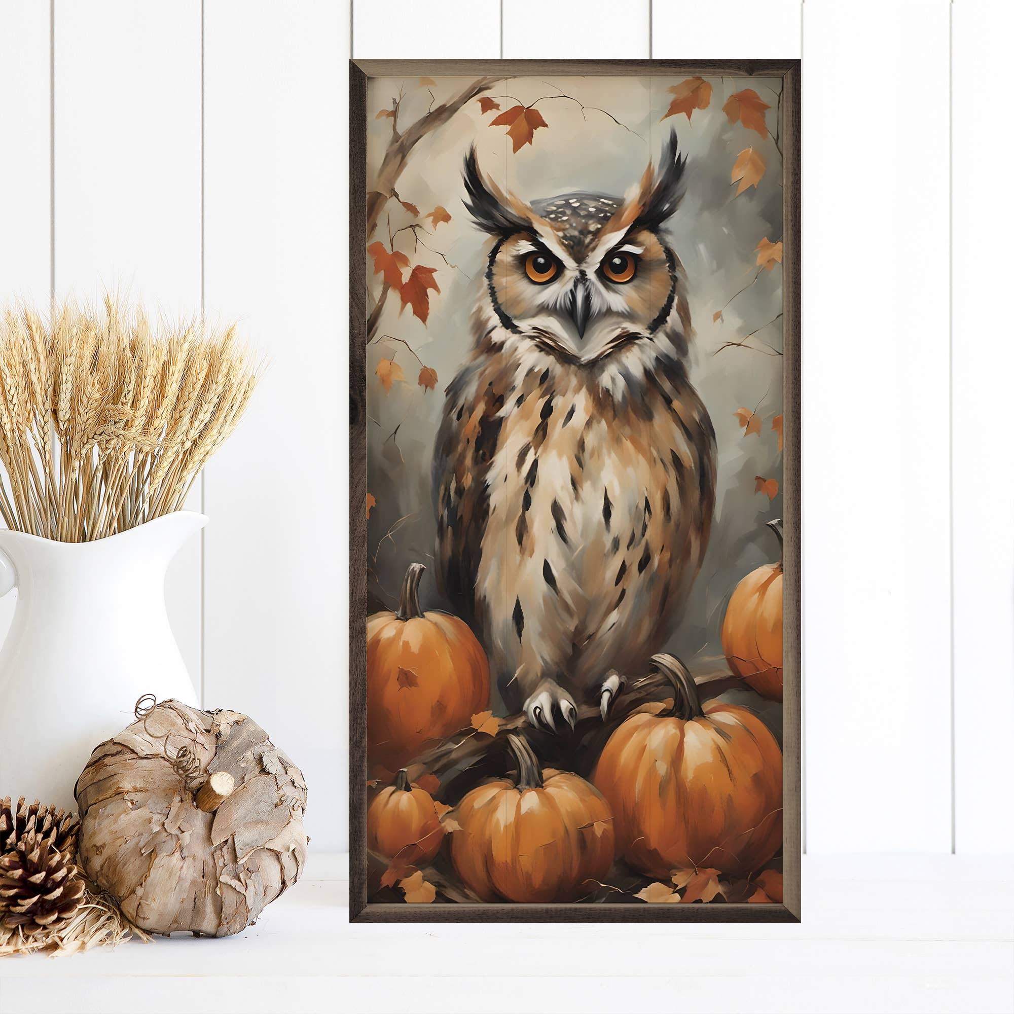 Owl With Pumpkins: 8 x 16 x 1.5