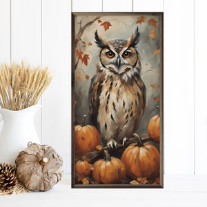 Owl With Pumpkins: 8 x 16 x 1.5