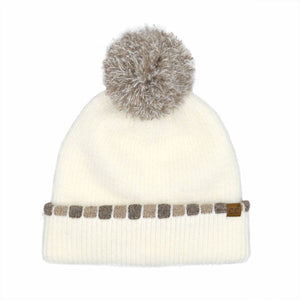 Neutral Horizontal Stripe Cuffed C.C Pom Beanie HTE0121: Black
