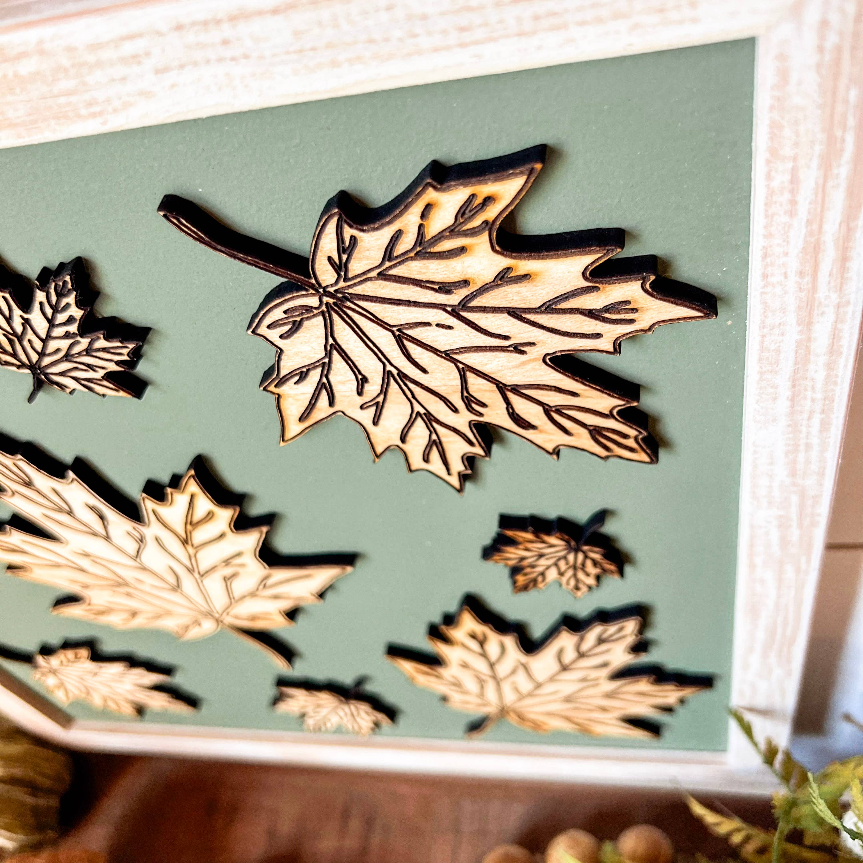 Fall Leaf Laser Cut Wood Sign - Square: Light Frame / 16x16 inches