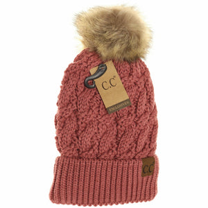 Ribbed Cable Knit Fur Pom Beanie YJ2021: Lt. Grey