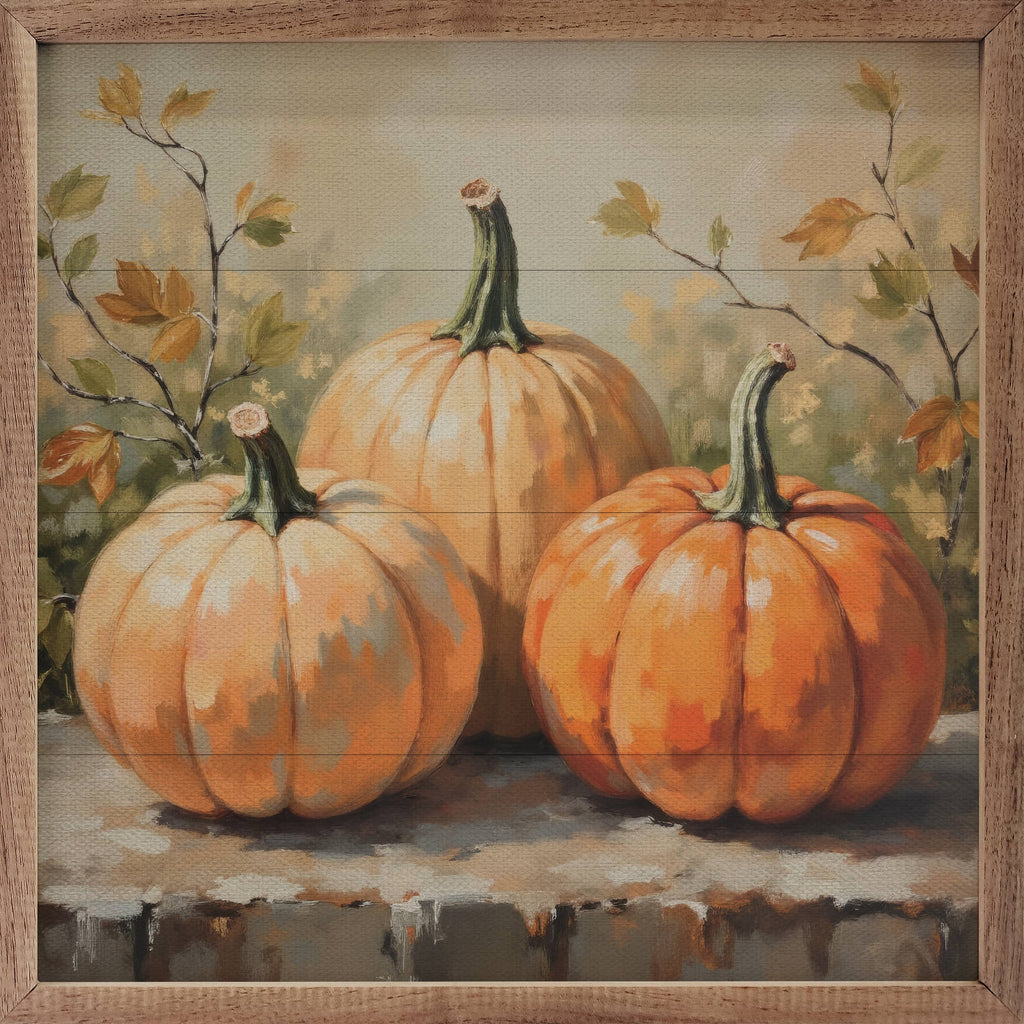 Pumpkin Trio On Bench: 8x8