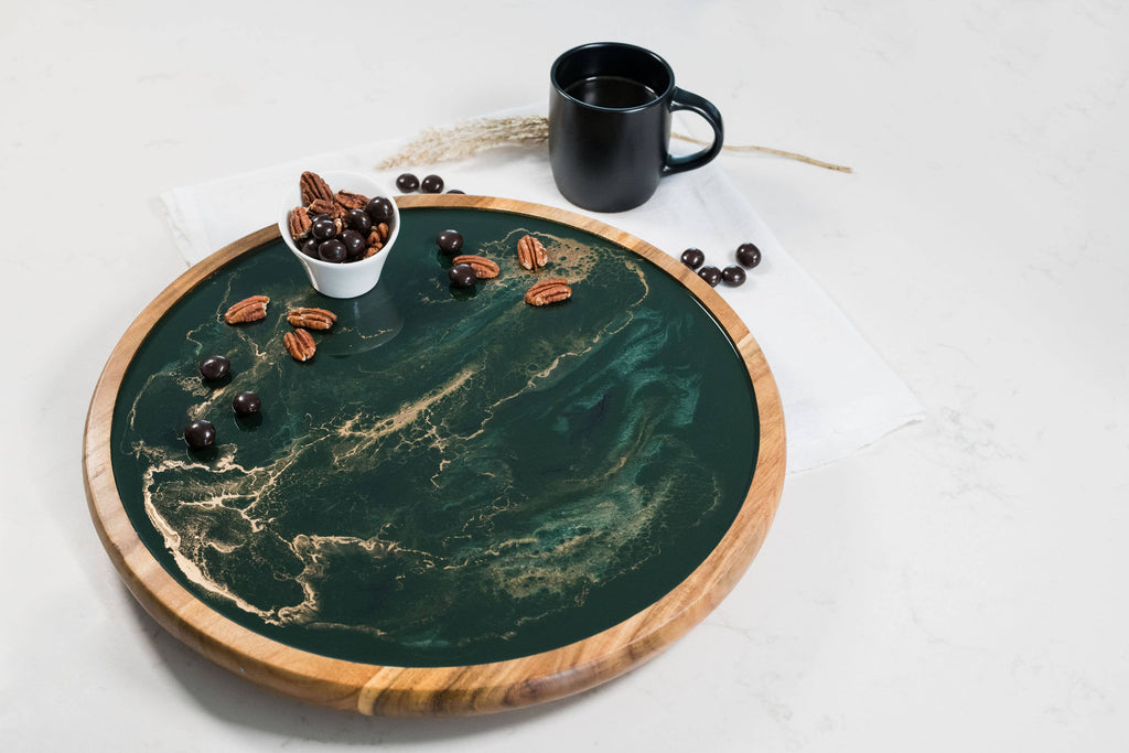 Acacia Wood and Resin Serving Tray - Lazy Susan 16": Jade