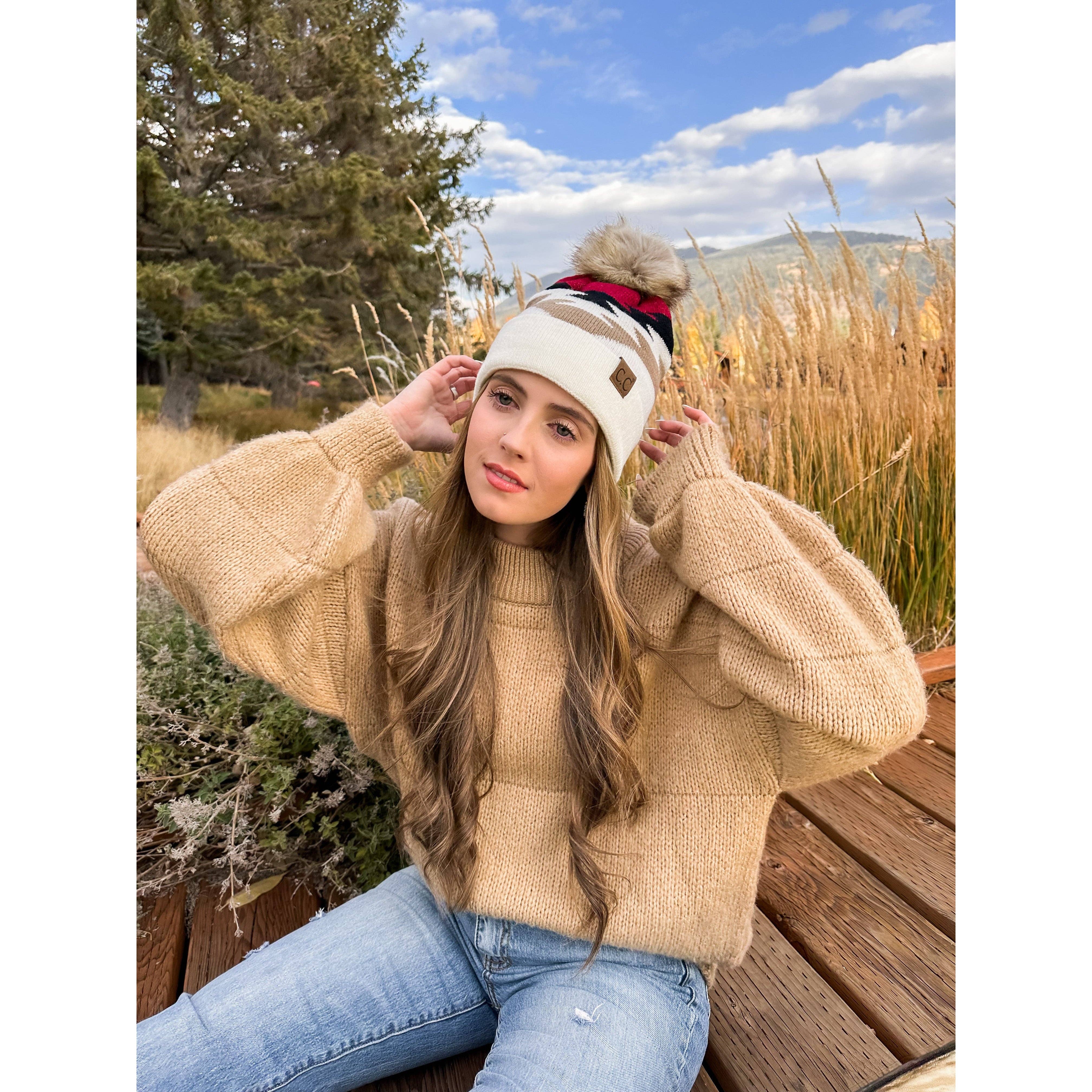 Aztec Natural Faux Fur Pom C.C Beanie YJ1000: Ivory
