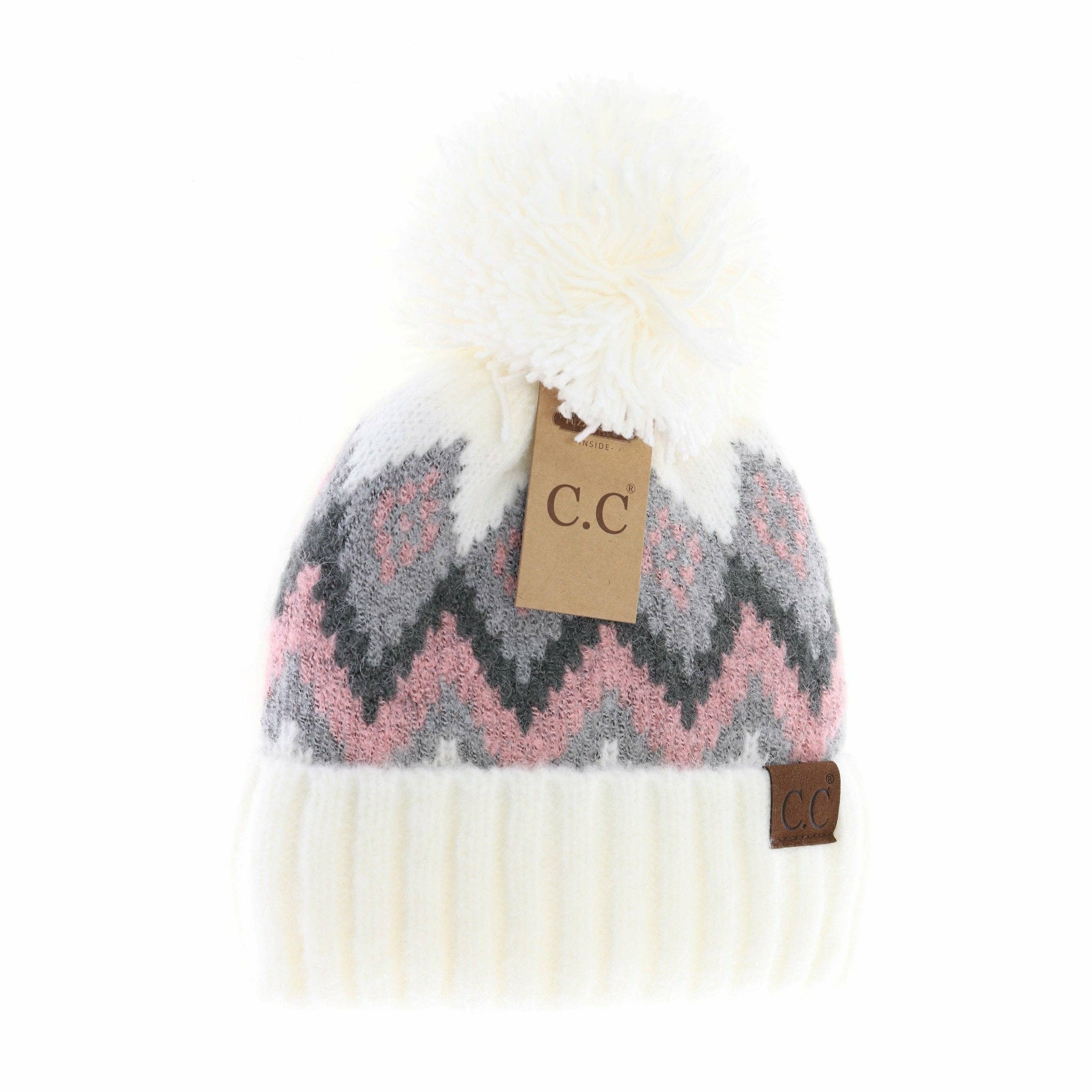 Aztec Chevron Knit Pom C.C Beanie HAT3816: Black