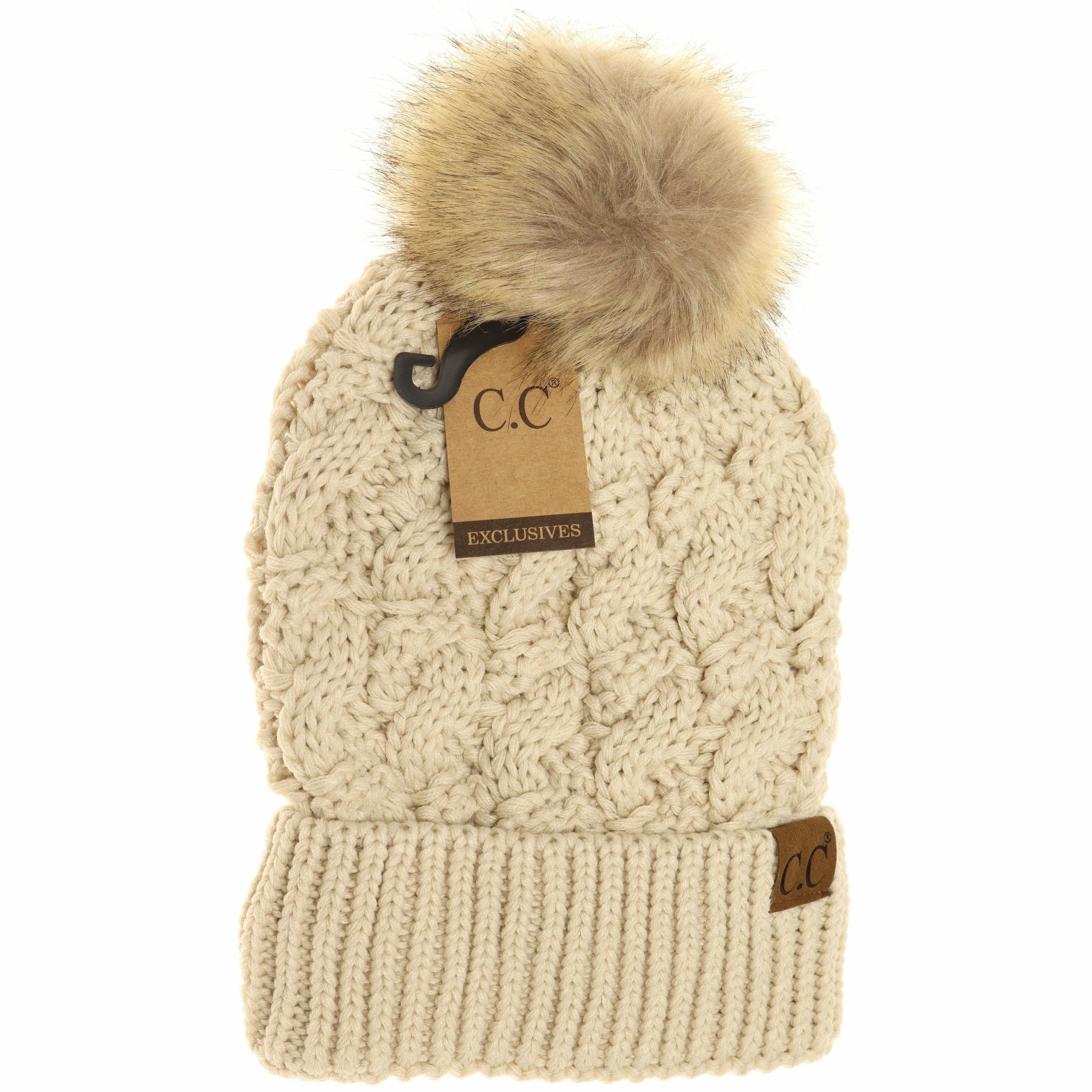 Ribbed Cable Knit Fur Pom Beanie YJ2021: Lt. Grey
