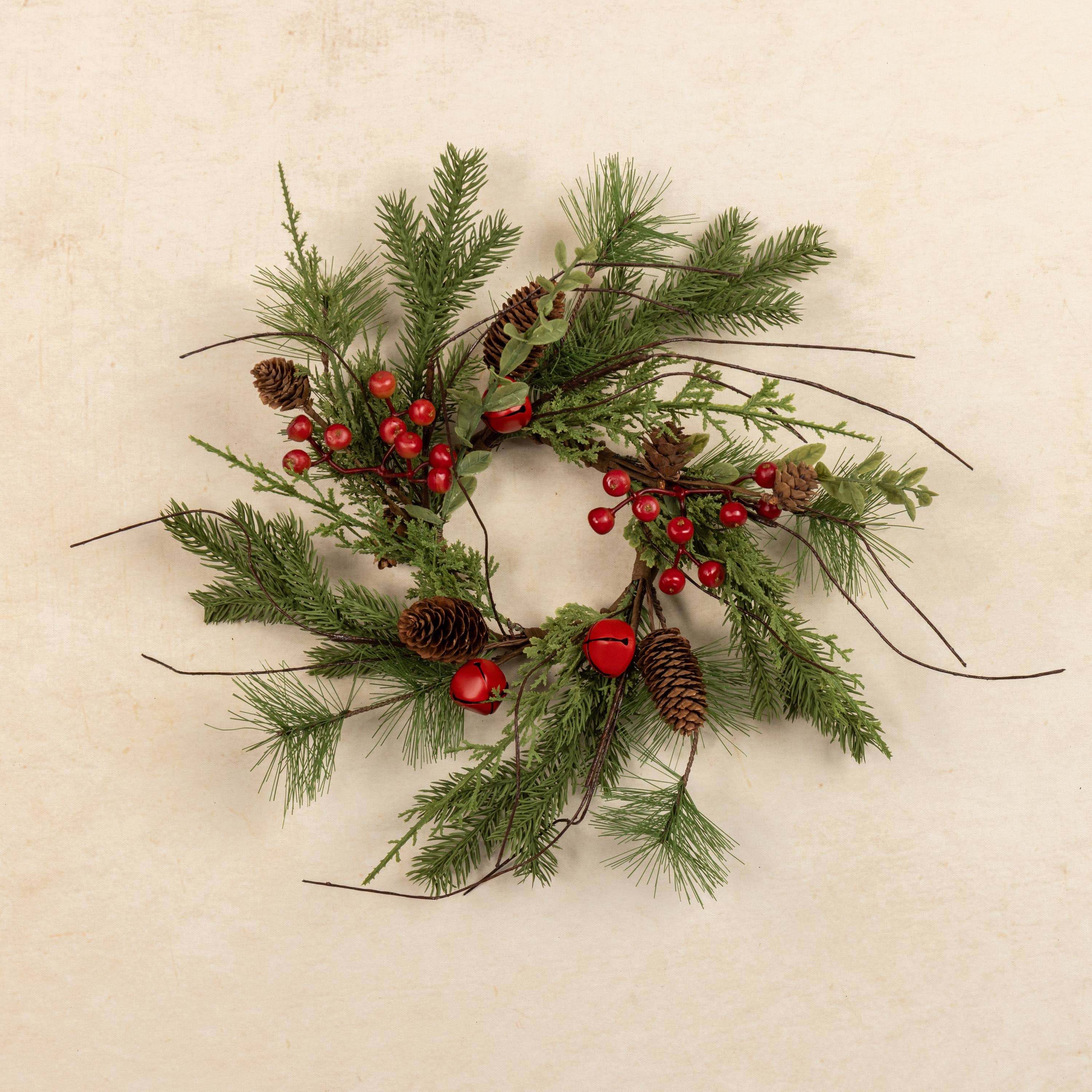 14" PINE, BELLS, BERRY & PINECONES CANDLE RING