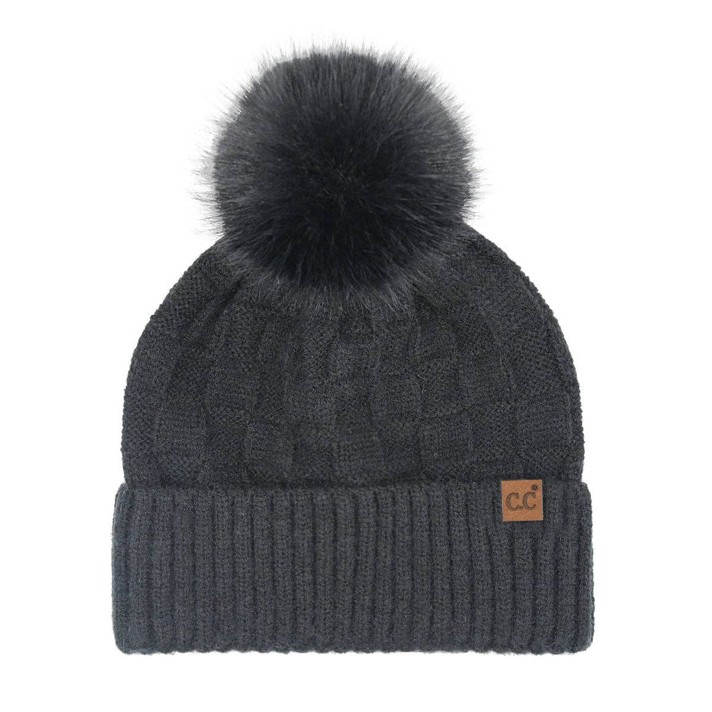 Woven Checkered Texture Pom C.C Beanie HTC0094: Black