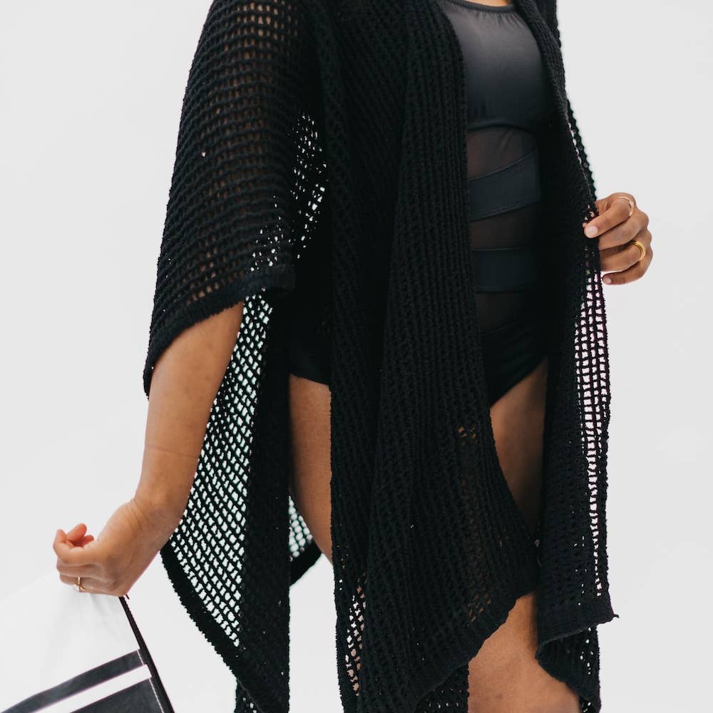 Coastal Views Crochet Tie Kimono: Black
