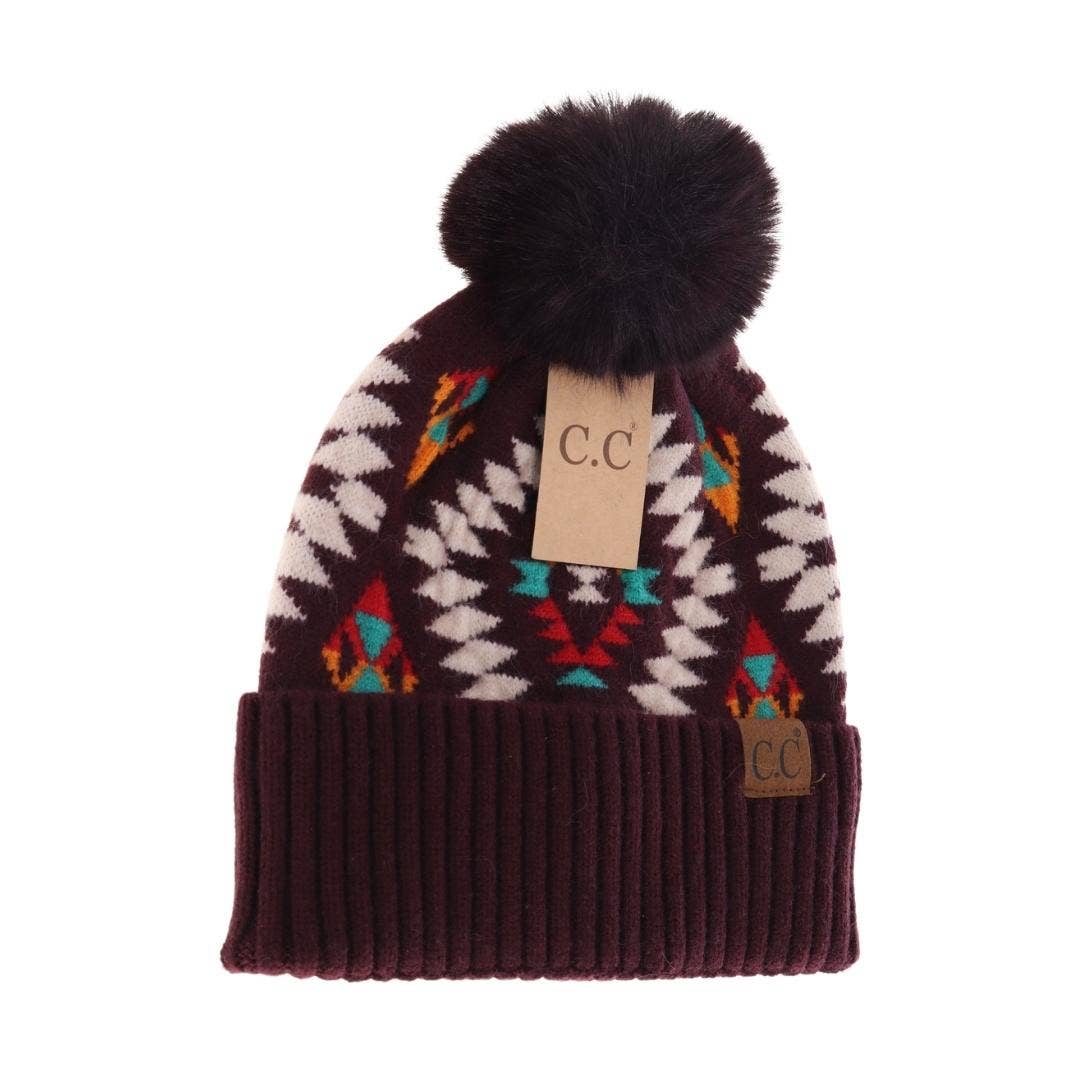 Aztec Patterned Faux Fur Pom C.C Beanie HAT3001: Taupe