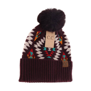 Aztec Patterned Faux Fur Pom C.C Beanie HAT3001: Taupe
