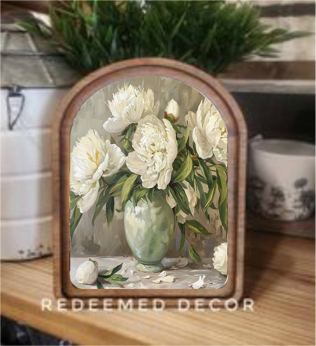 Arch Top Muted Peony Framed Art : 6x8"