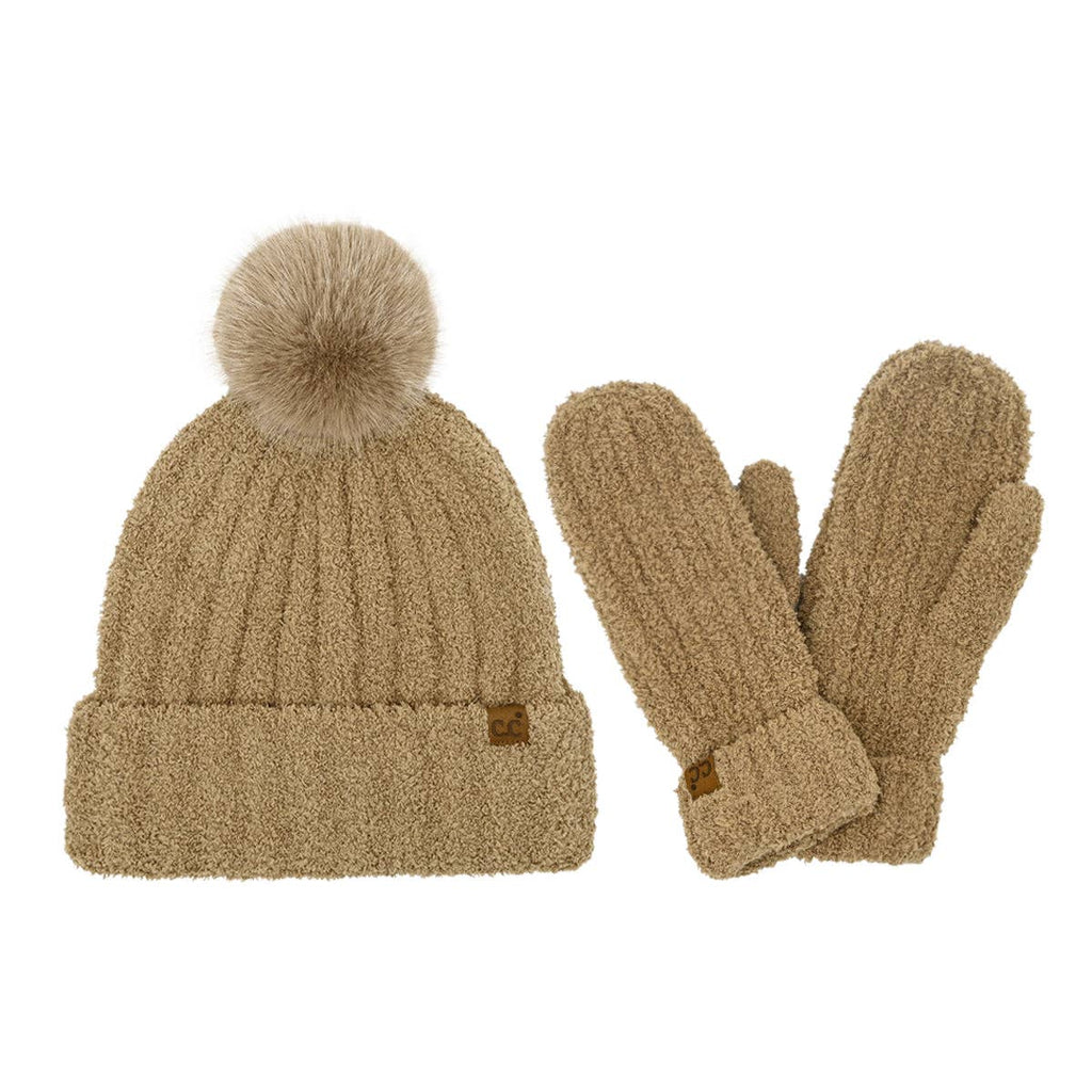 Cozy Yarn Hat and Mitten Set SEE0111: Taupe