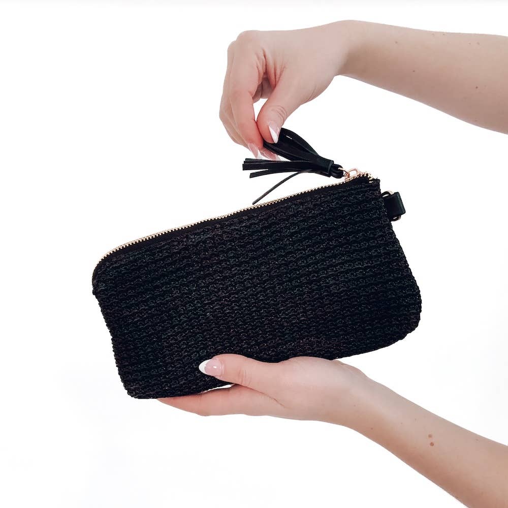 Rome Raffia Clutch Card Wallet Wristlet: Black