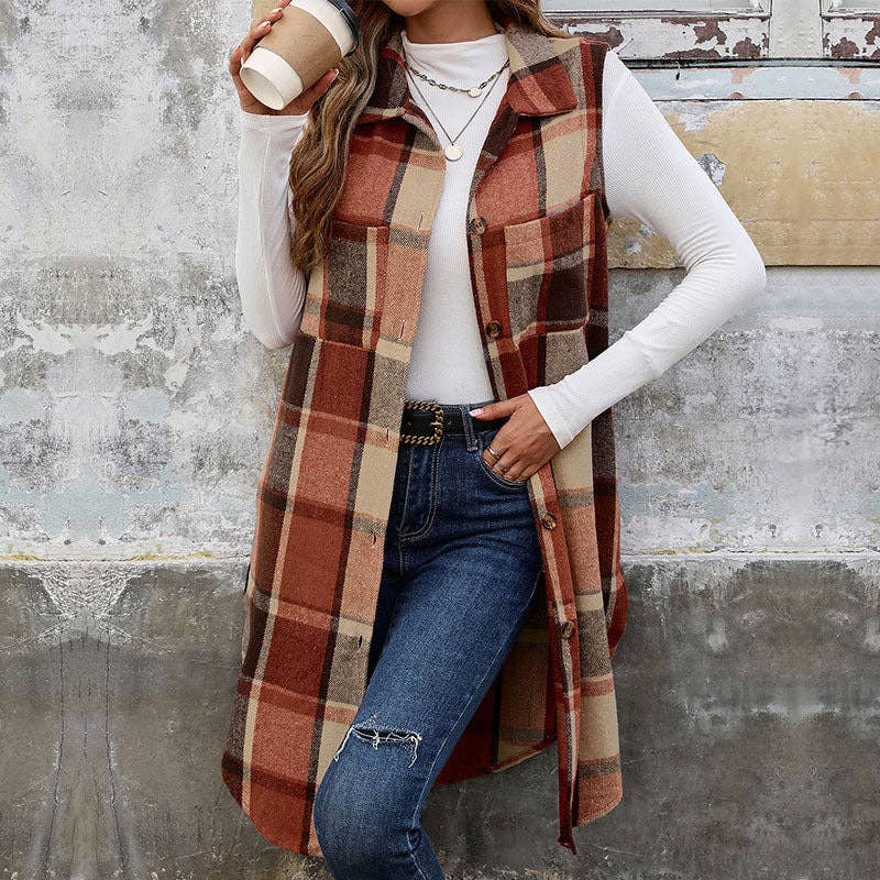 Sleeveless Lapel Cardigan Jacket Retro Plaid Vest: Orange coffee / 65%Polyester+35%Cotton