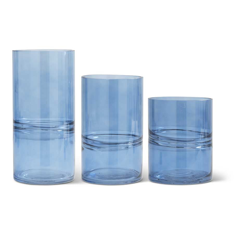 Blue Glass Cylinder Vase w/Inlayed Strips  (3 Sizes)