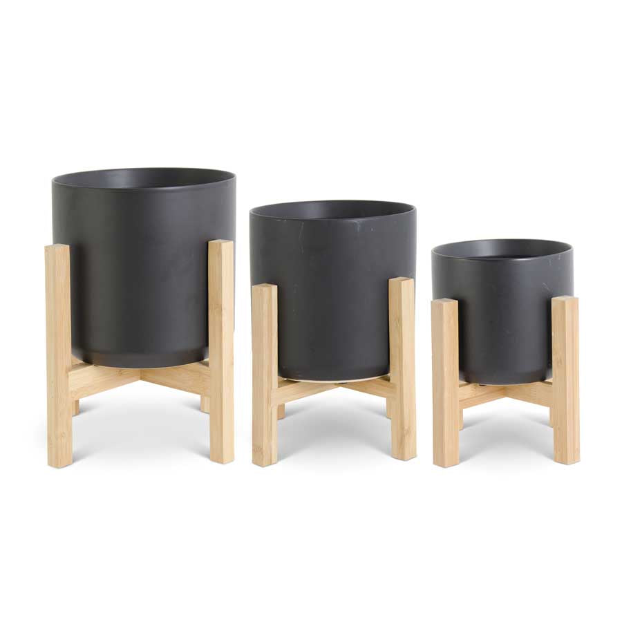 Modern Black Ceramic Pots on Bamboo Stands (3 Sizes)