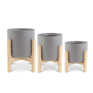 Modern Gray Ceramic Pots on Bamboo Stands (3 Sizes)