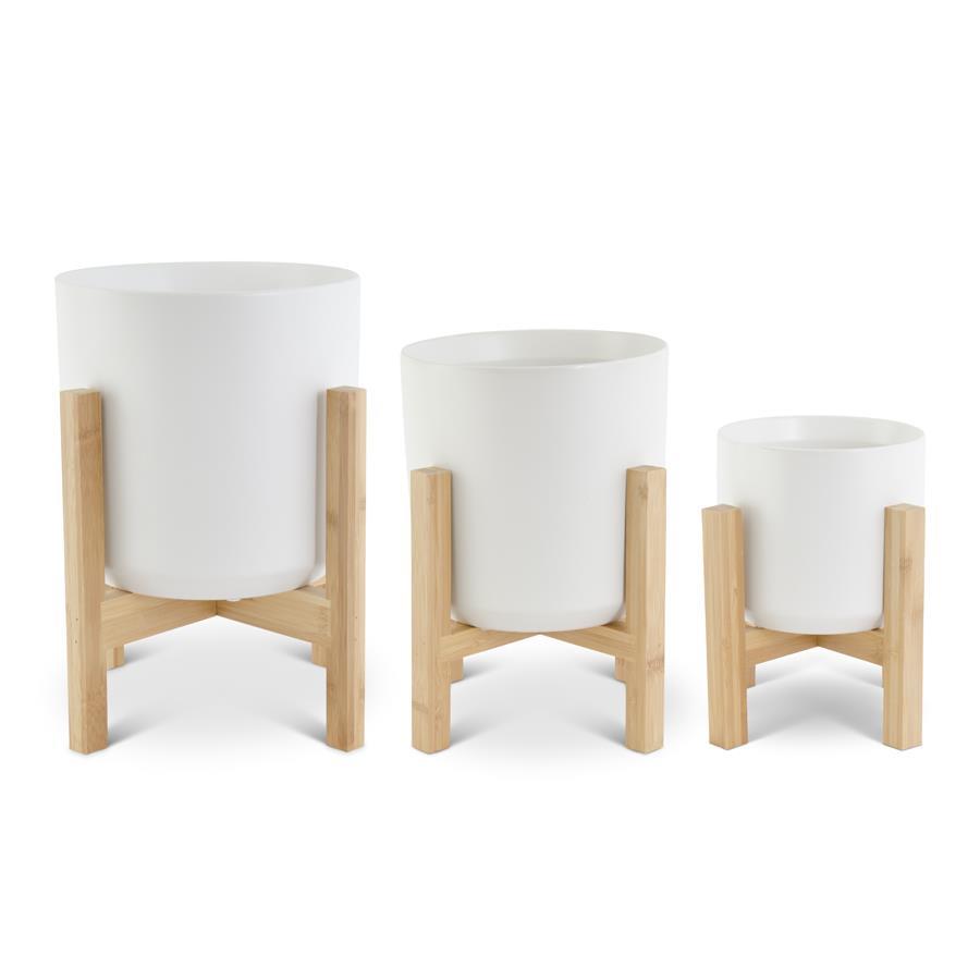 Modern White Ceramic Pots on Bamboo Stands (3 Sizes)