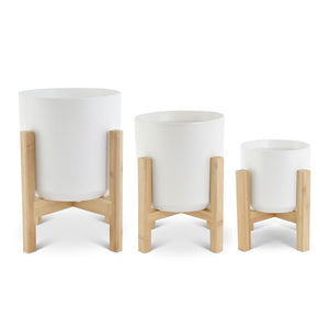 Modern White Ceramic Pots on Bamboo Stands (3 Sizes)