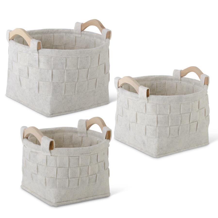 Woven Cream Felt Nesting Baskets w/Wooden Handles