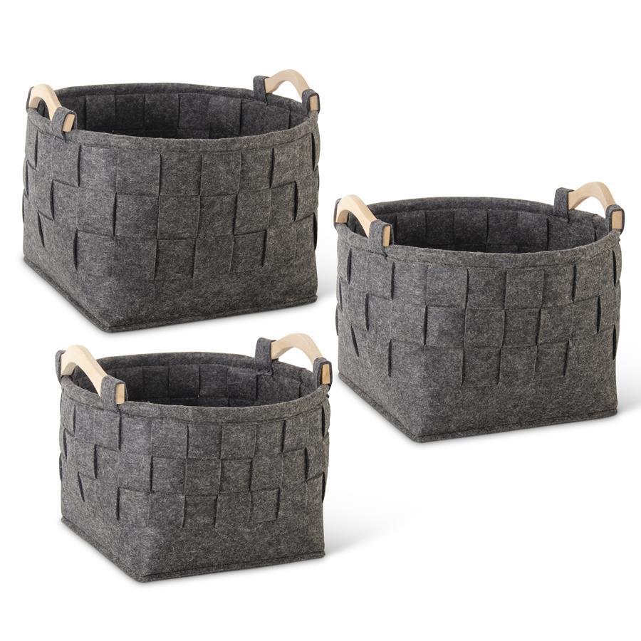 Round Woven Gray Felt Nesting Baskets w/Wooden Handles