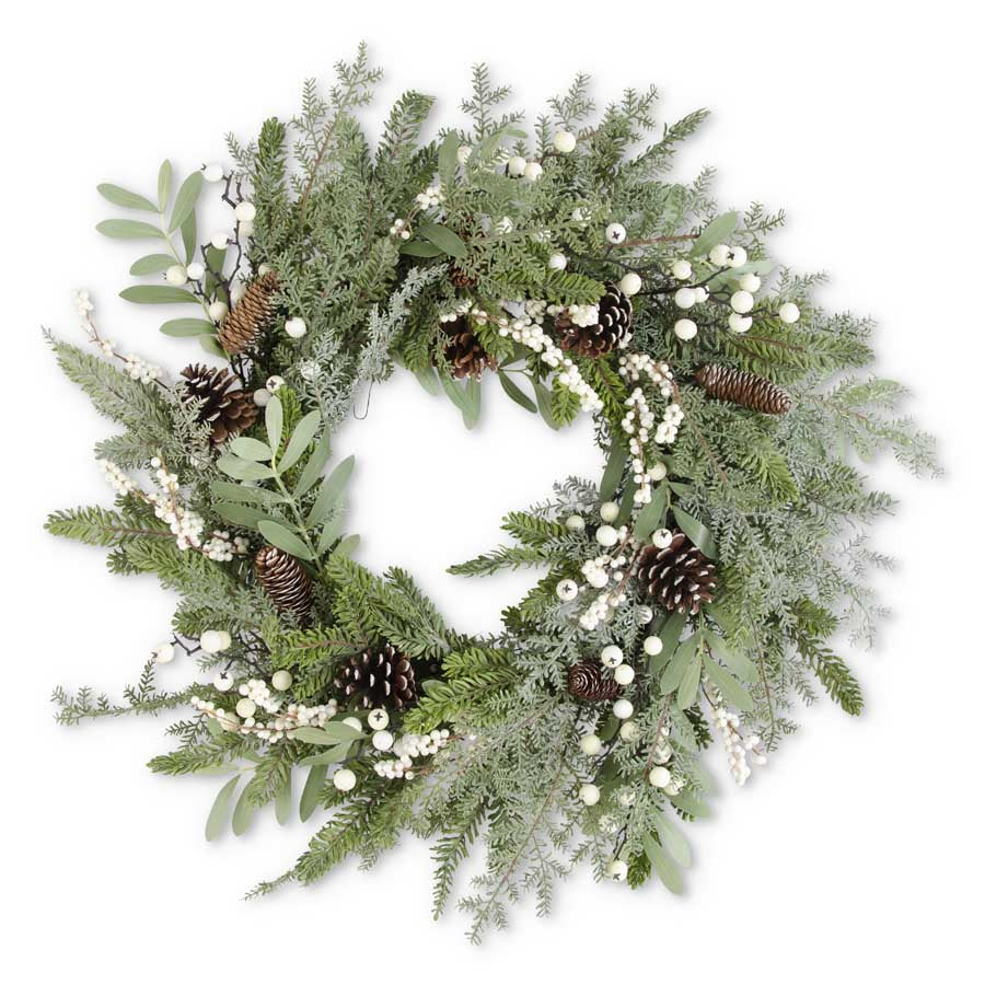30" Mixed Pine Wreath w/Pinecones Leaves & White Berries