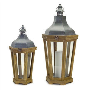 Wood/Metal/Glass Lantern - Grey/Brown