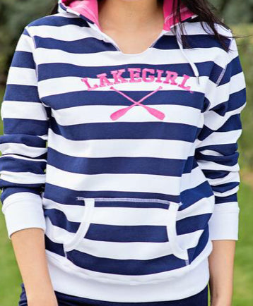 Lakegirl Lakeside Strip Hoodie pink navy Red Barn Company Store