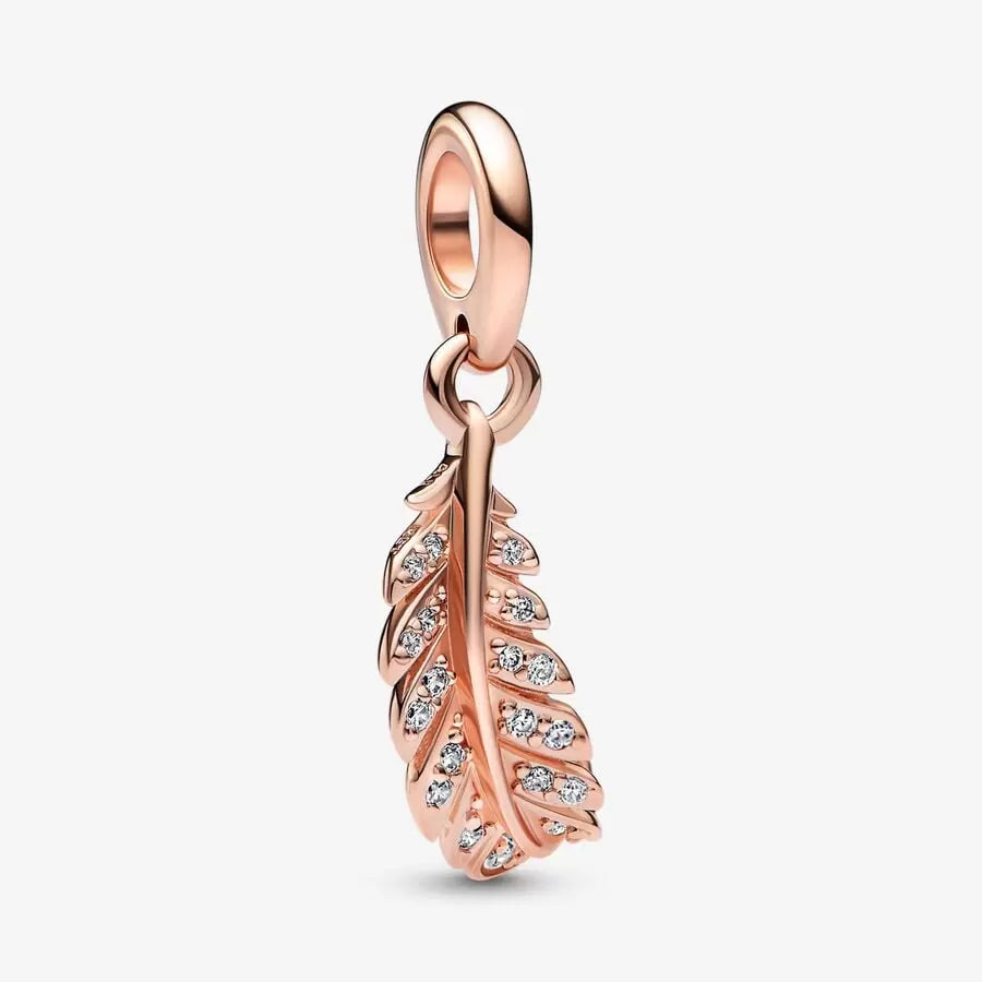 14k Rose-gold Plated Floating Curved Feather Dangle Charm - Pandora - 782578C01