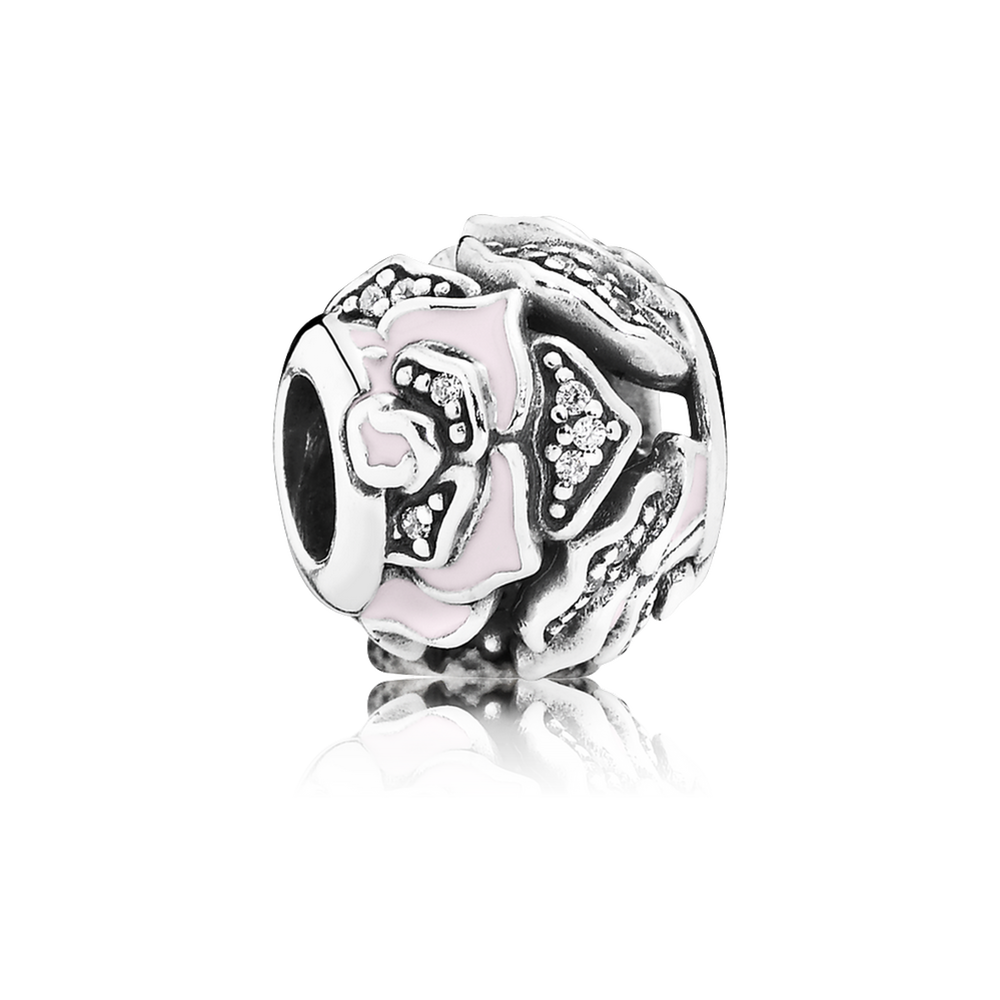 Delicate Rose Charm - Sterling Silver with Pink Enamel and Clear CZ - PANDORA - 791527EN40