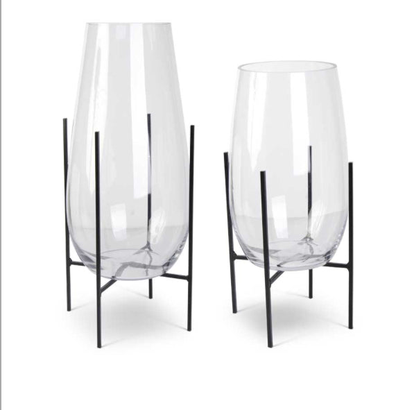 Clear Glass Floating Vase on Dark Metal Stand (2 Sizes)