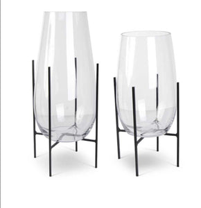 Clear Glass Floating Vase on Dark Metal Stand (2 Sizes)
