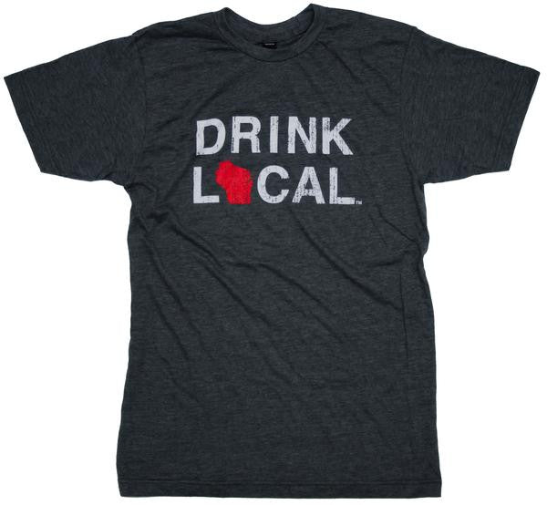 Drink Local Wisconsin Unisex Tee- Charcoal with Red/White