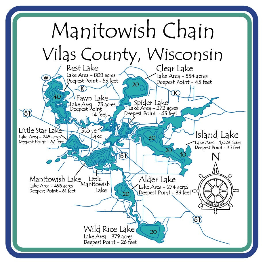 Manitowish Chain Lake Coasters (Set of 4)