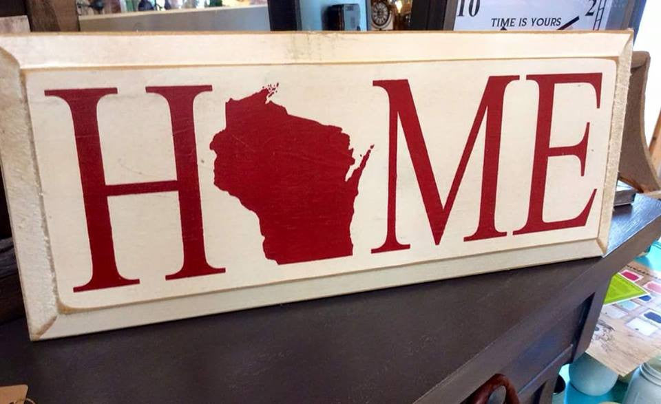HOME Wisconsin - Wood Sign - 7x18 Cottage White with Red Lettering