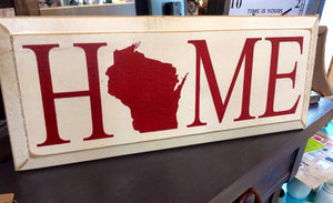 HOME Wisconsin - Wood Sign - 7x18 Cottage White with Red Lettering