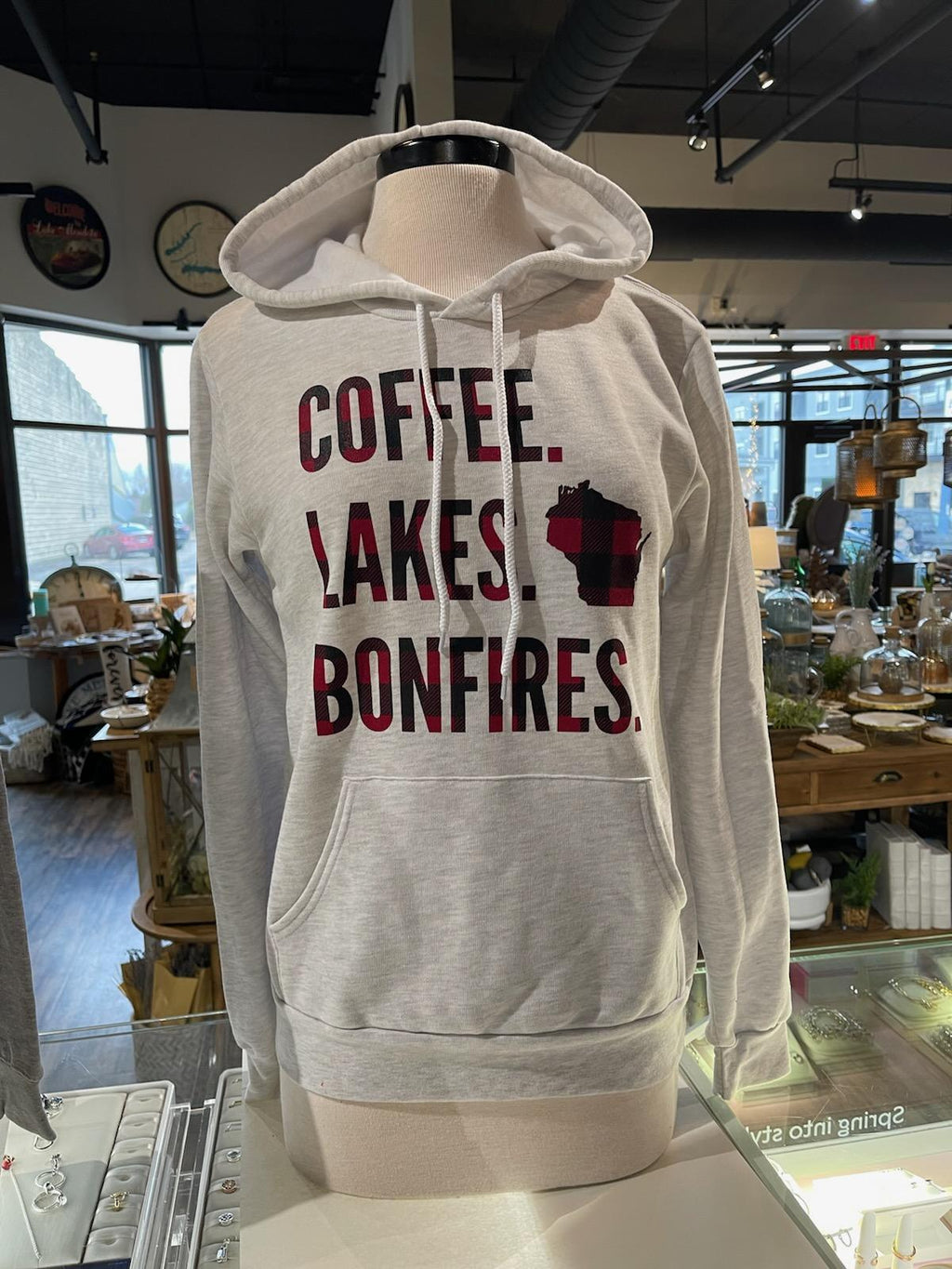 Coffee, Lakes and Bonfires- Unisex Sweatshirt in Light Gray/ Dark Red