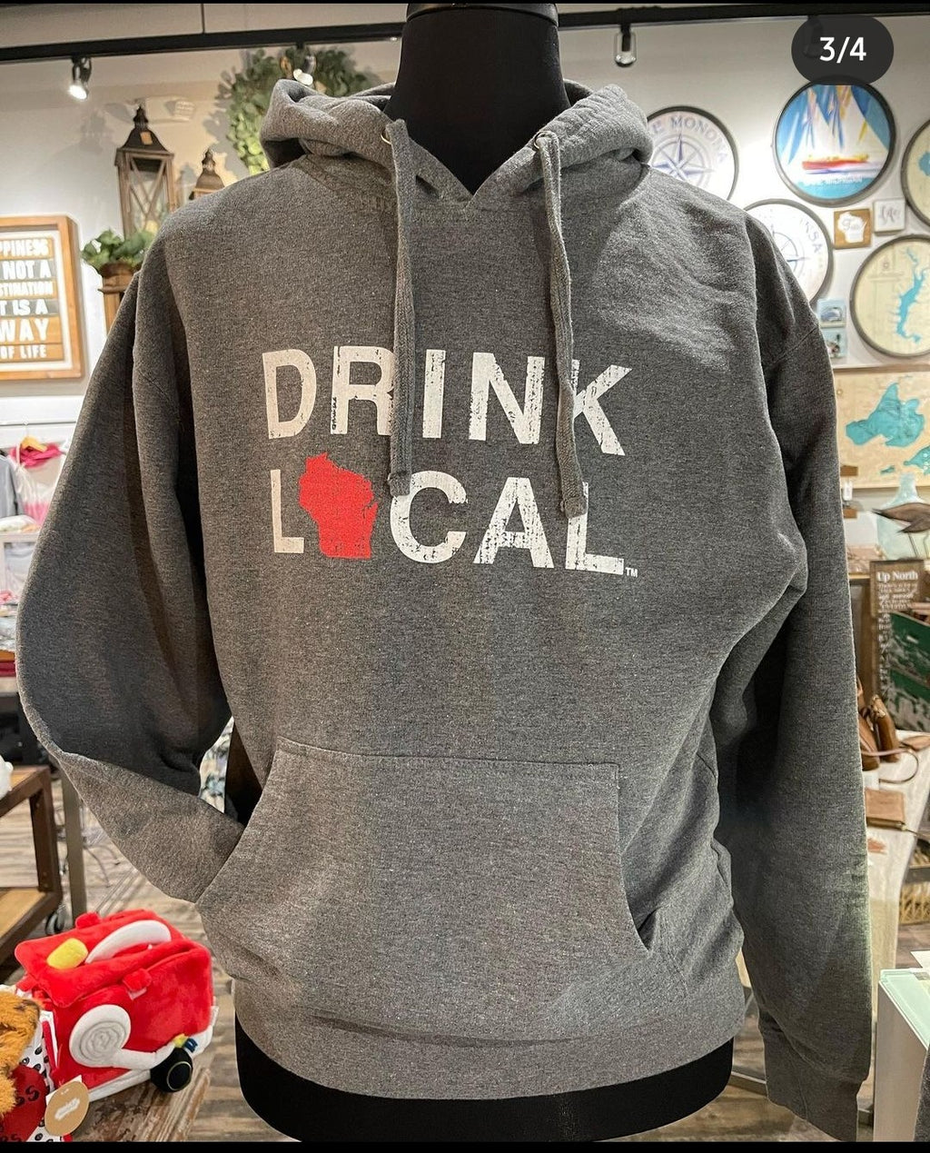 Drink Local Wisconsin Hoodie- Gunmetal Heather with Red and White
