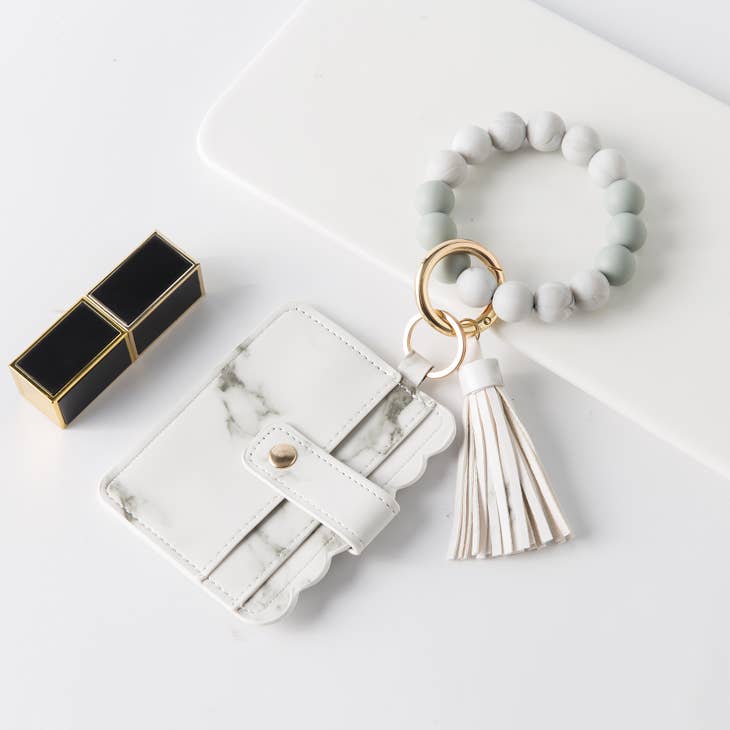 Silicone Beaded Tassel Bracelet Wristlet w/ Card Holder - Marble