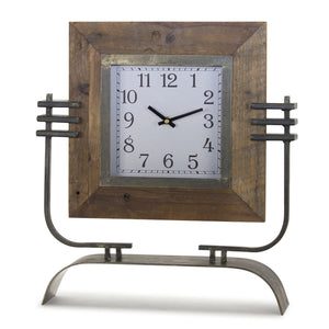 Iron and wood clock on stand 15”x 17.5”